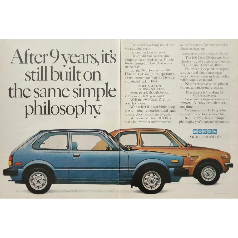 1980 Vintage Original Print Ad for Honda Civic DX Hatchback Blue Brown
